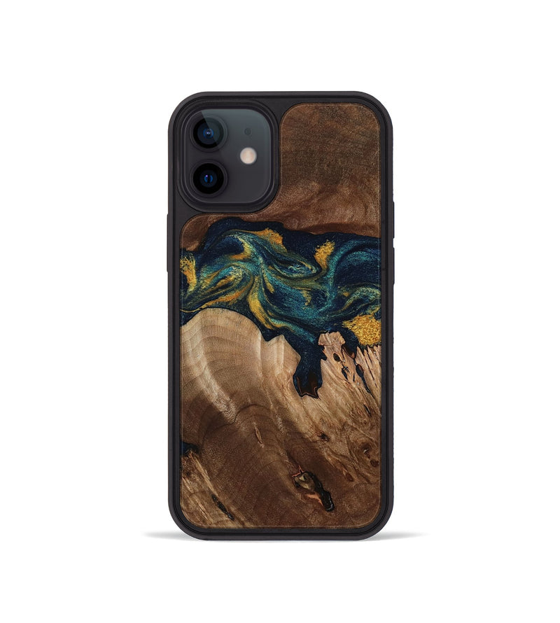 iPhone 12 mini Wood Phone Case - Rubye (Teal & Gold, 800061)