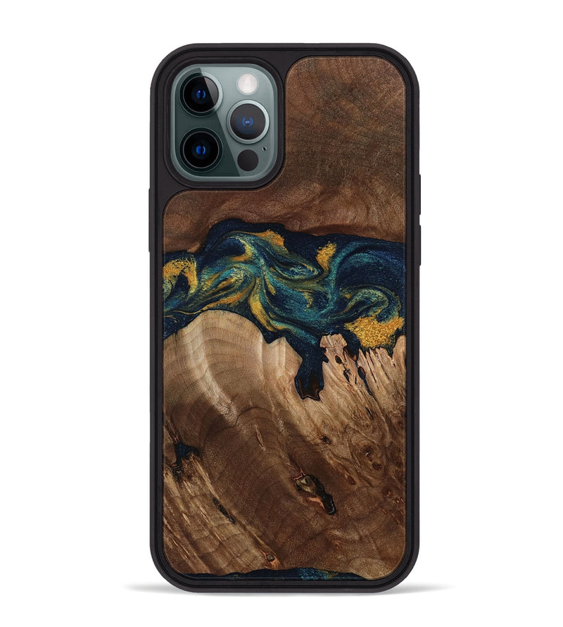 iPhone 12 Pro Max Wood Phone Case - Rubye (Teal & Gold, 800061)