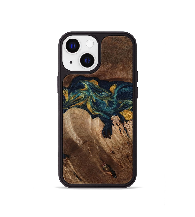 iPhone 13 mini Wood Phone Case - Rubye (Teal & Gold, 800061)