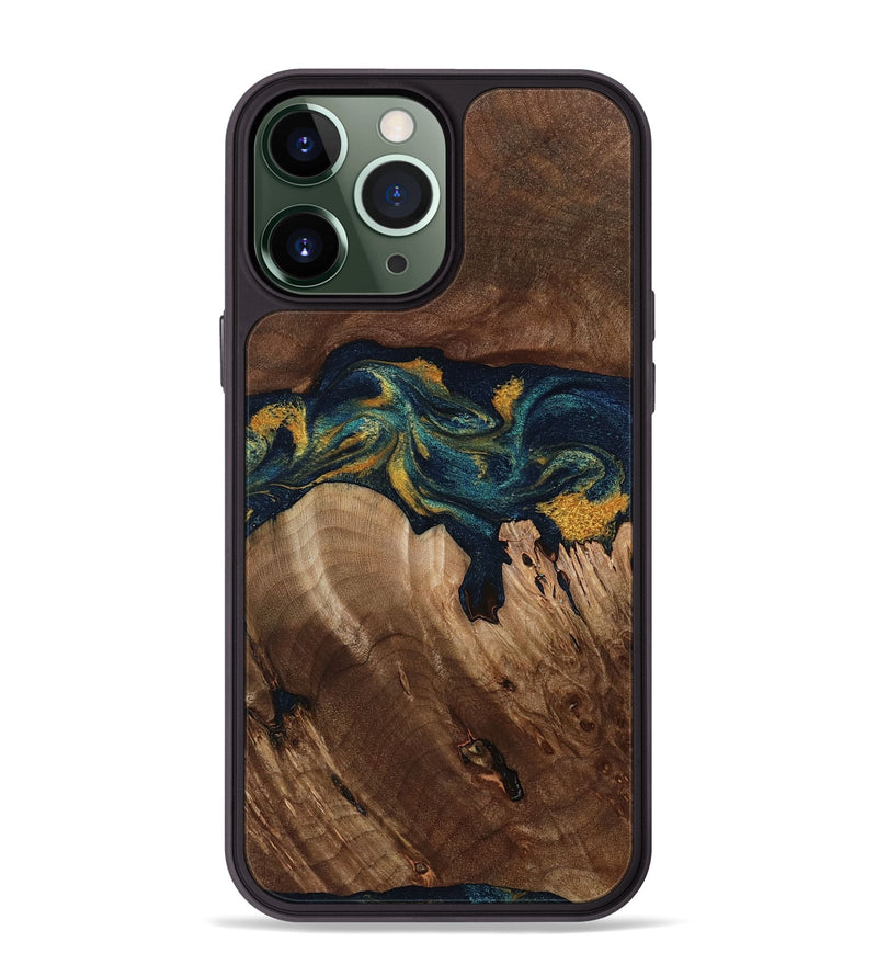 iPhone 13 Pro Max Wood Phone Case - Rubye (Teal & Gold, 800061)