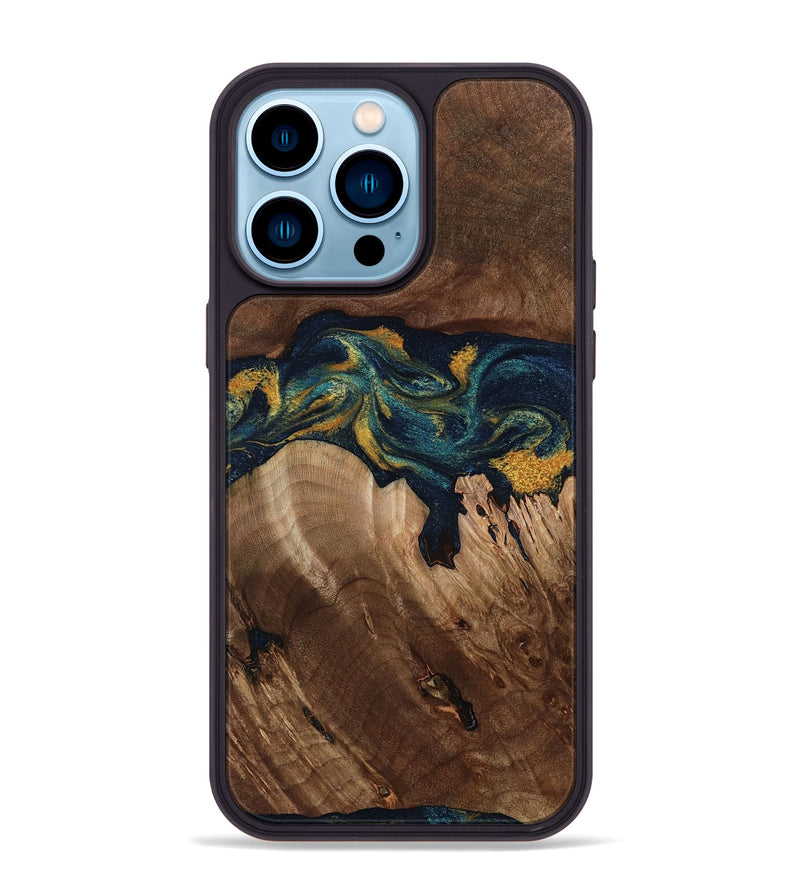 iPhone 14 Pro Max Wood Phone Case - Rubye (Teal & Gold, 800061)