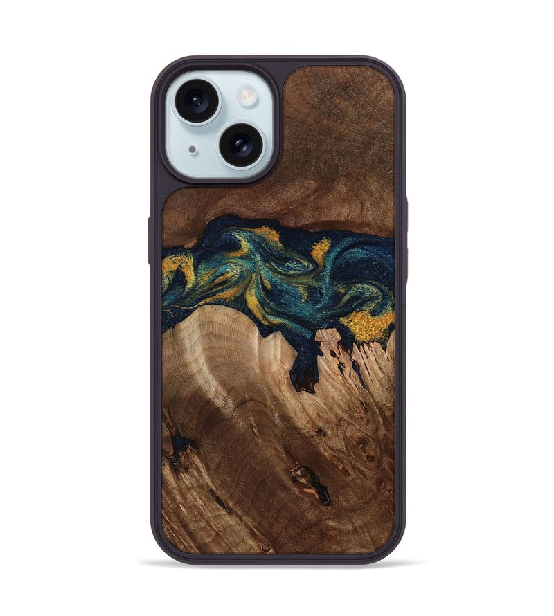 iPhone 15 Wood Phone Case - Rubye (Teal & Gold, 800061)