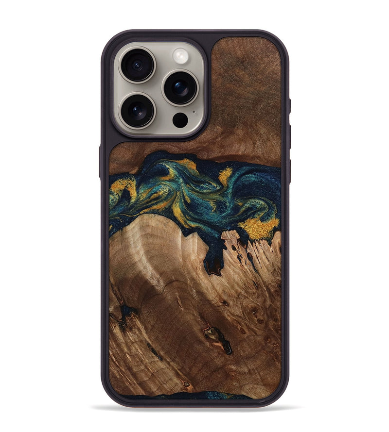 iPhone 15 Pro Max Wood Phone Case - Rubye (Teal & Gold, 800061)