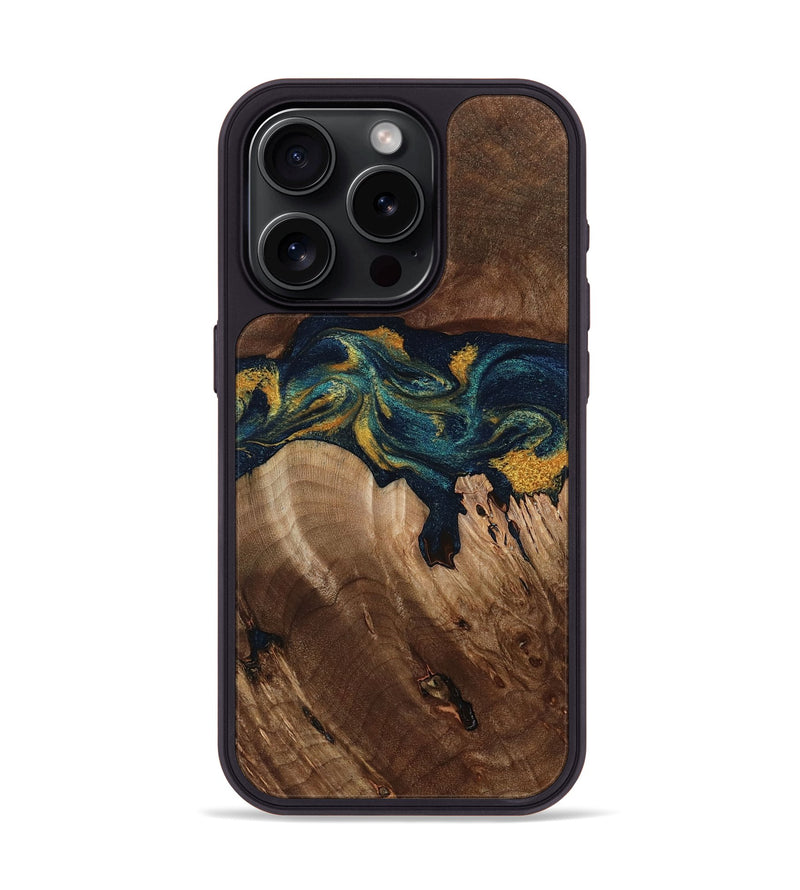 iPhone 15 Pro Wood Phone Case - Rubye (Teal & Gold, 800061)