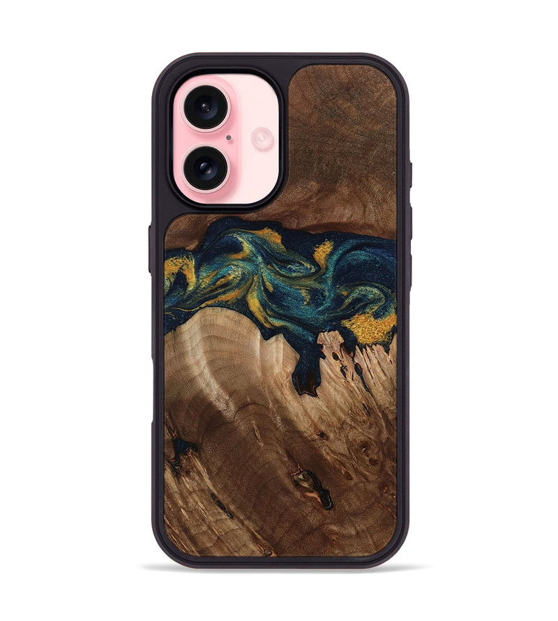 iPhone 16 Wood Phone Case - Rubye (Teal & Gold, 800061)