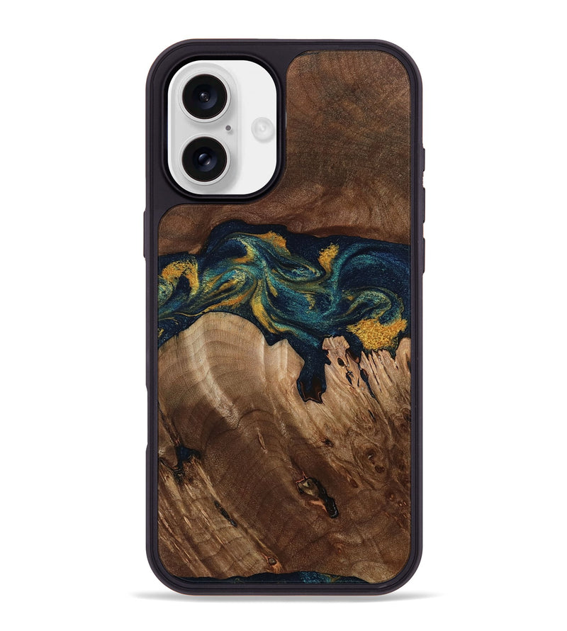 iPhone 16 Plus Wood Phone Case - Rubye (Teal & Gold, 800061)