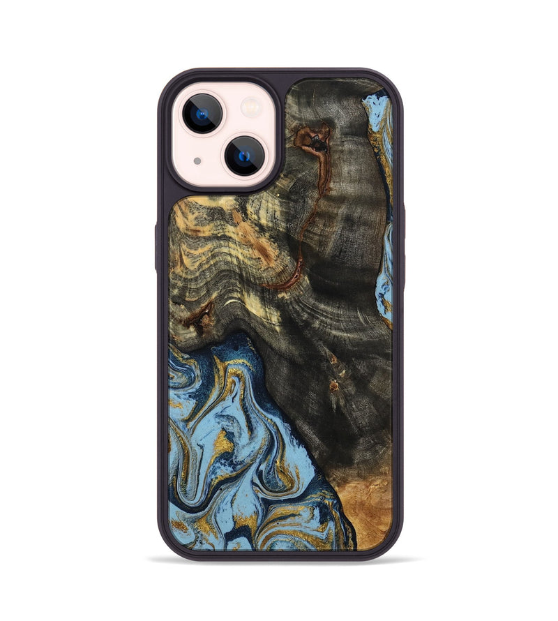 iPhone 14 Wood Phone Case - Autumn (Teal & Gold, 800062)