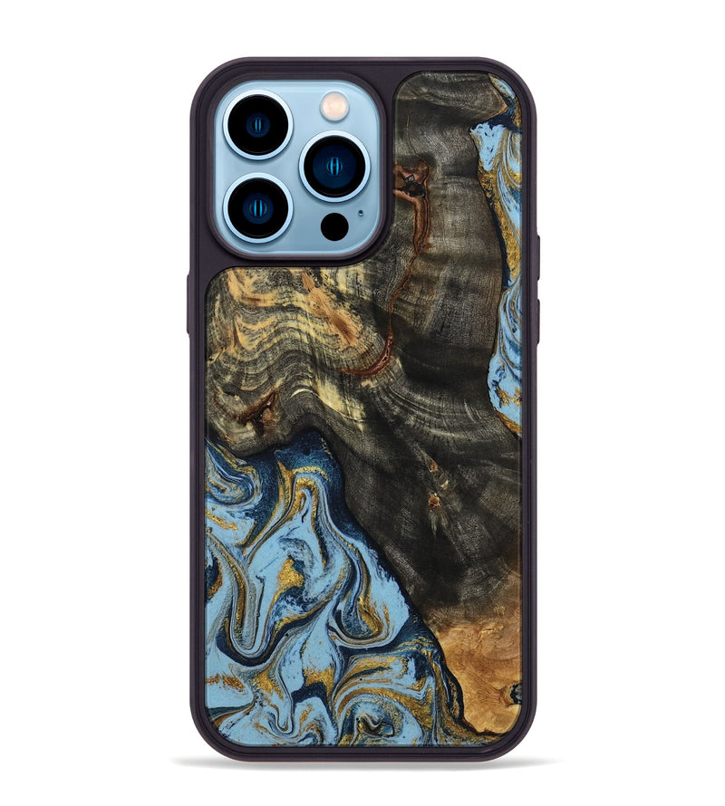 iPhone 14 Pro Max Wood Phone Case - Autumn (Teal & Gold, 800062)