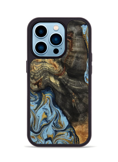 iPhone 14 Pro Wood Phone Case - Autumn (Teal & Gold, 800062)