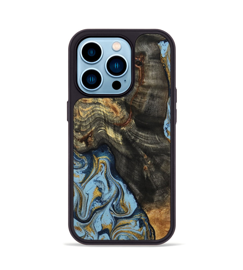 iPhone 14 Pro Wood Phone Case - Autumn (Teal & Gold, 800062)