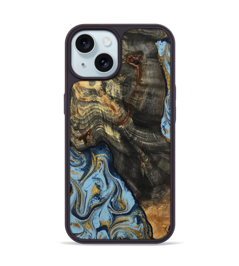 iPhone 15 Wood Phone Case - Autumn (Teal & Gold, 800062)