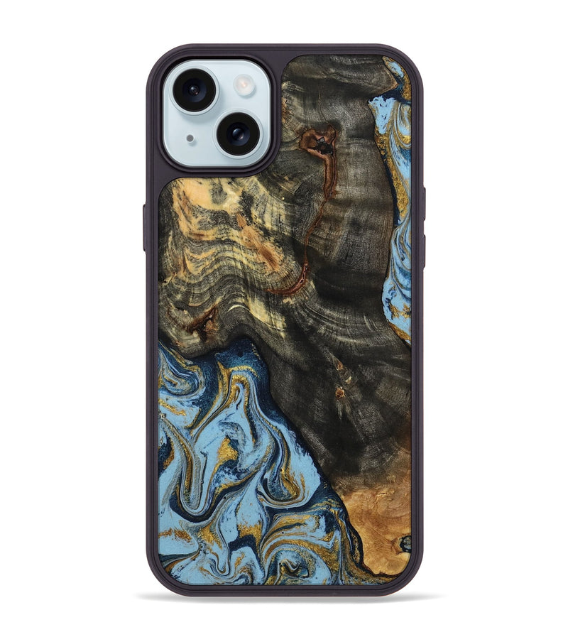 iPhone 15 Plus Wood Phone Case - Autumn (Teal & Gold, 800062)