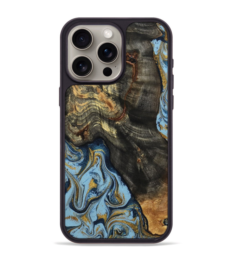 iPhone 15 Pro Max Wood Phone Case - Autumn (Teal & Gold, 800062)