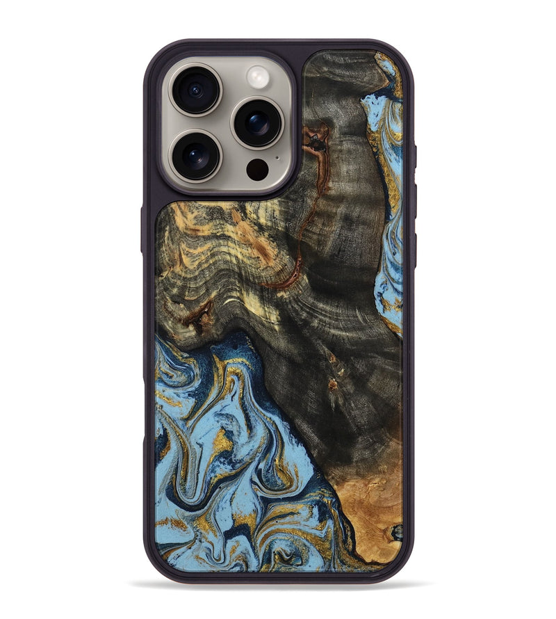 iPhone 16 Pro Max Wood Phone Case - Autumn (Teal & Gold, 800062)