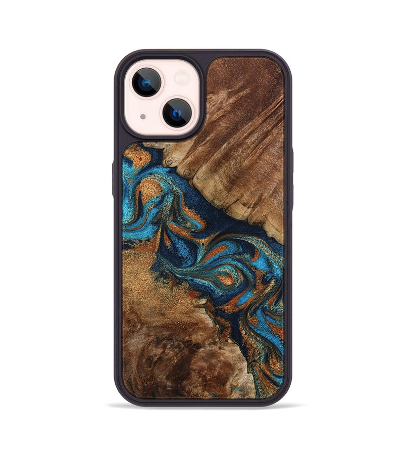 iPhone 14 Wood Phone Case - Chozen (Teal & Gold, 800063)