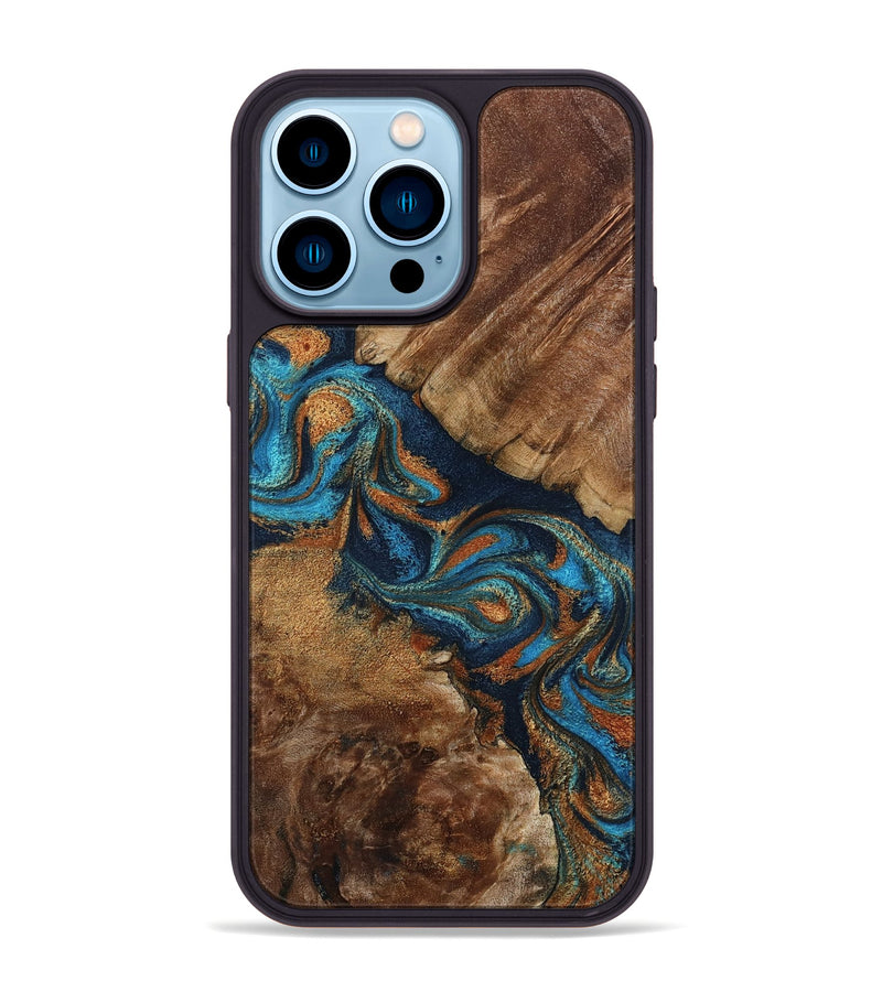 iPhone 14 Pro Max Wood Phone Case - Chozen (Teal & Gold, 800063)