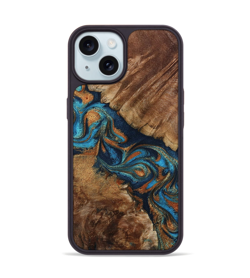 iPhone 15 Wood Phone Case - Chozen (Teal & Gold, 800063)
