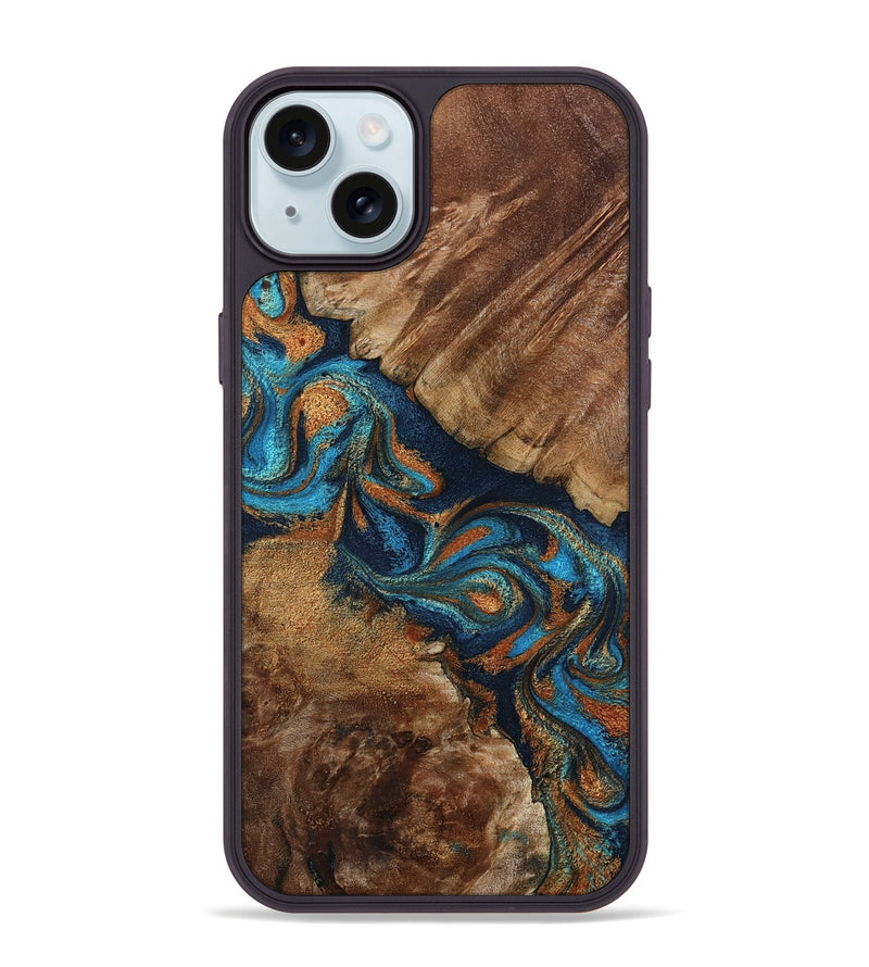 iPhone 15 Plus Wood Phone Case - Chozen (Teal & Gold, 800063)