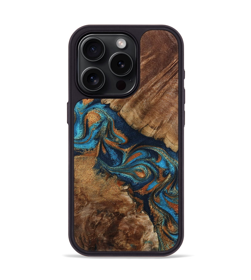 iPhone 15 Pro Wood Phone Case - Chozen (Teal & Gold, 800063)