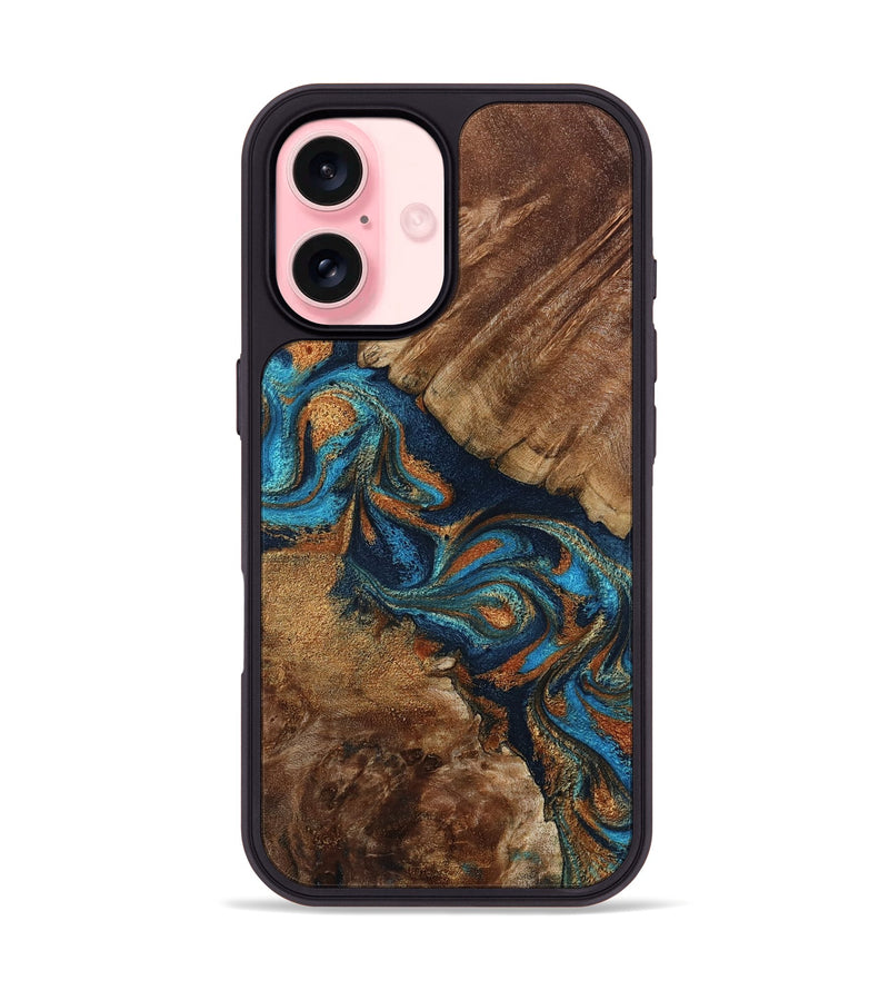 iPhone 16 Wood Phone Case - Chozen (Teal & Gold, 800063)