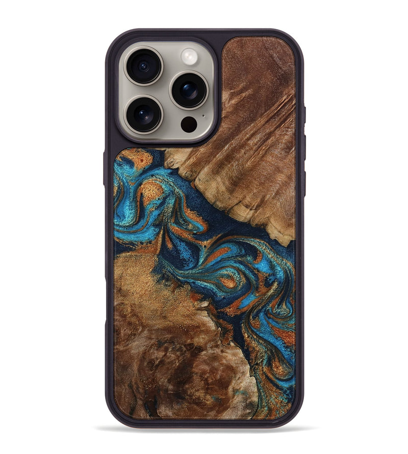 iPhone 16 Pro Max Wood Phone Case - Chozen (Teal & Gold, 800063)
