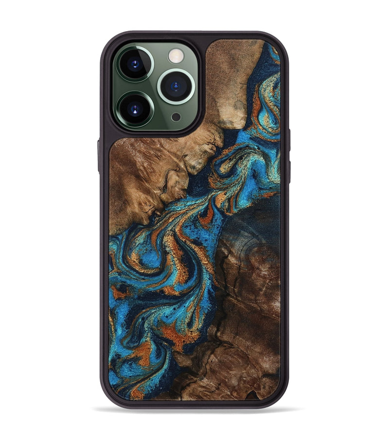 iPhone 13 Pro Max Wood Phone Case - Libbie (Teal & Gold, 800064)