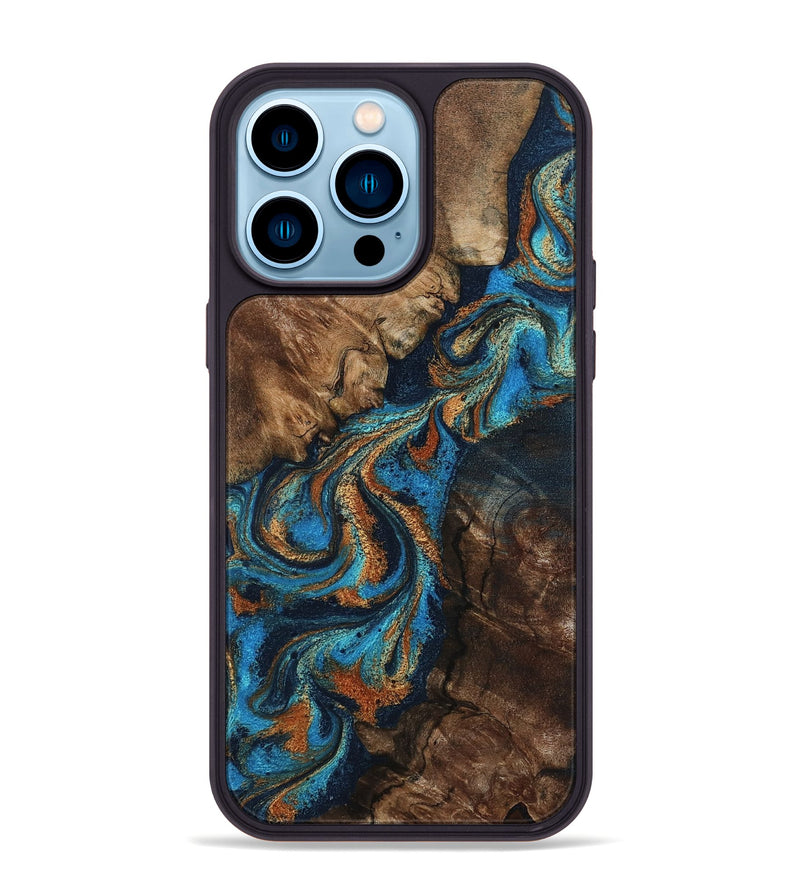 iPhone 14 Pro Max Wood Phone Case - Libbie (Teal & Gold, 800064)