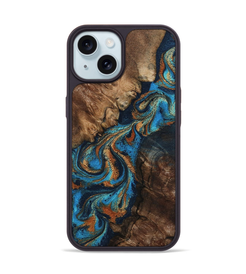 iPhone 15 Wood Phone Case - Libbie (Teal & Gold, 800064)