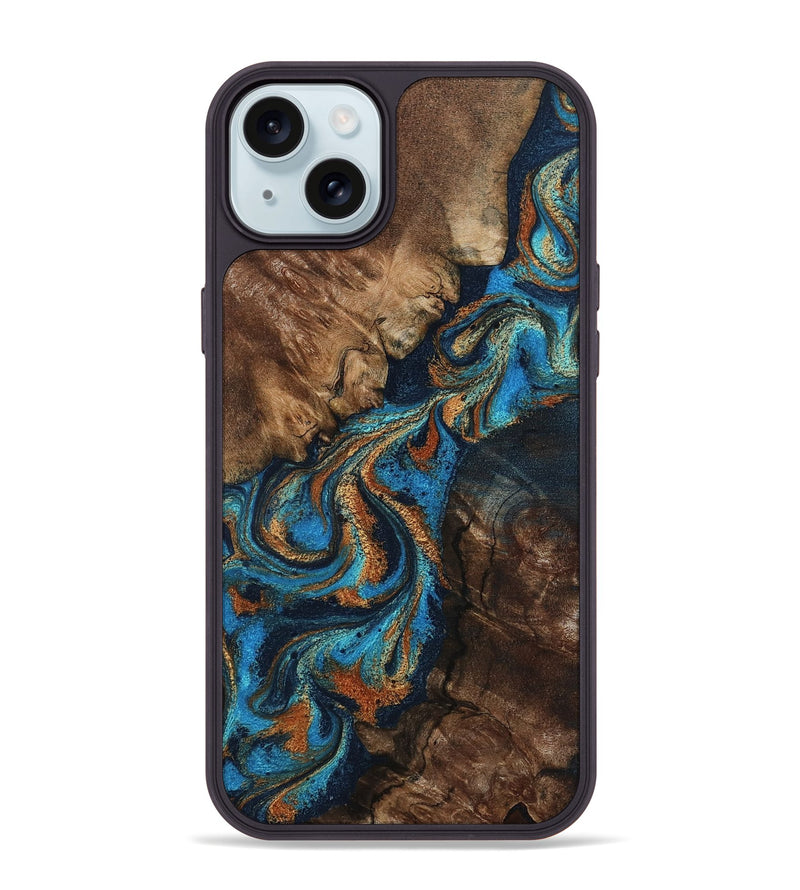 iPhone 15 Plus Wood Phone Case - Libbie (Teal & Gold, 800064)