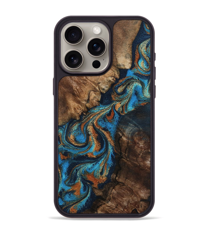 iPhone 15 Pro Max Wood Phone Case - Libbie (Teal & Gold, 800064)