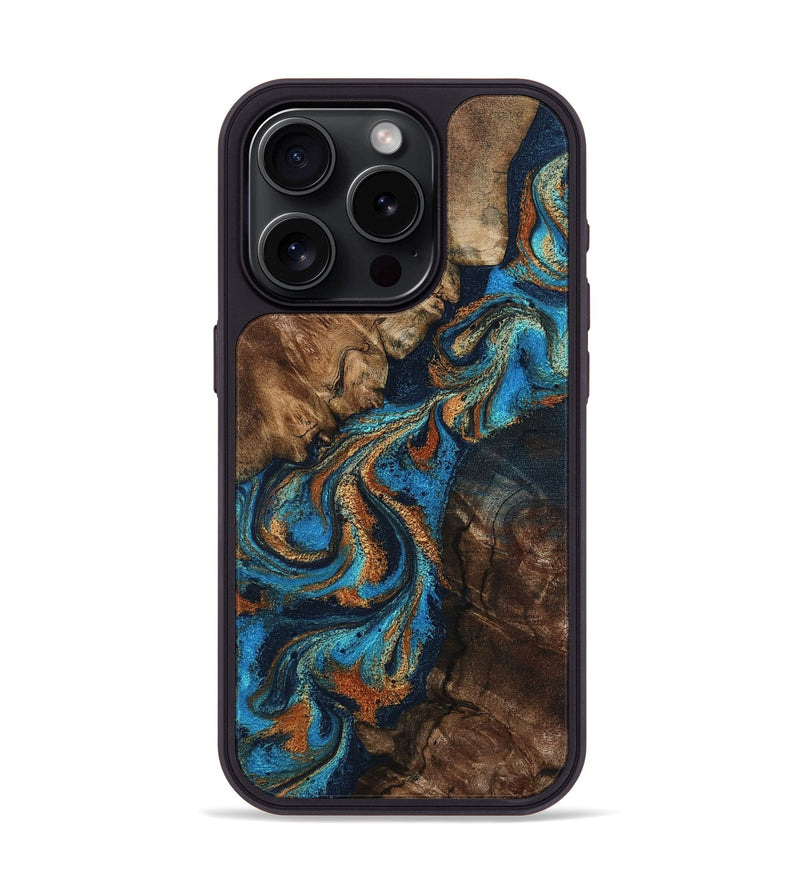 iPhone 15 Pro Wood Phone Case - Libbie (Teal & Gold, 800064)
