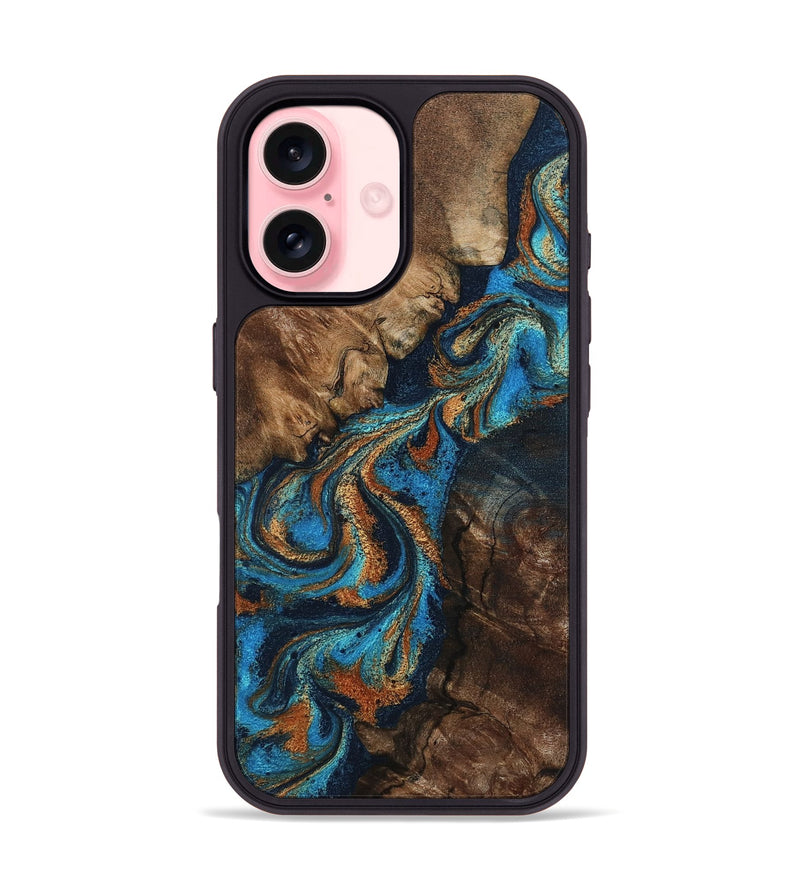 iPhone 16 Wood Phone Case - Libbie (Teal & Gold, 800064)