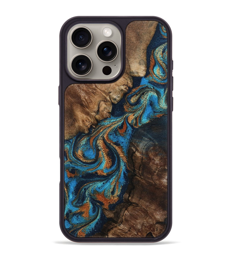 iPhone 16 Pro Max Wood Phone Case - Libbie (Teal & Gold, 800064)