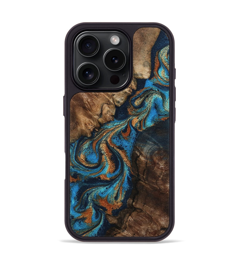 iPhone 16 Pro Wood Phone Case - Libbie (Teal & Gold, 800064)