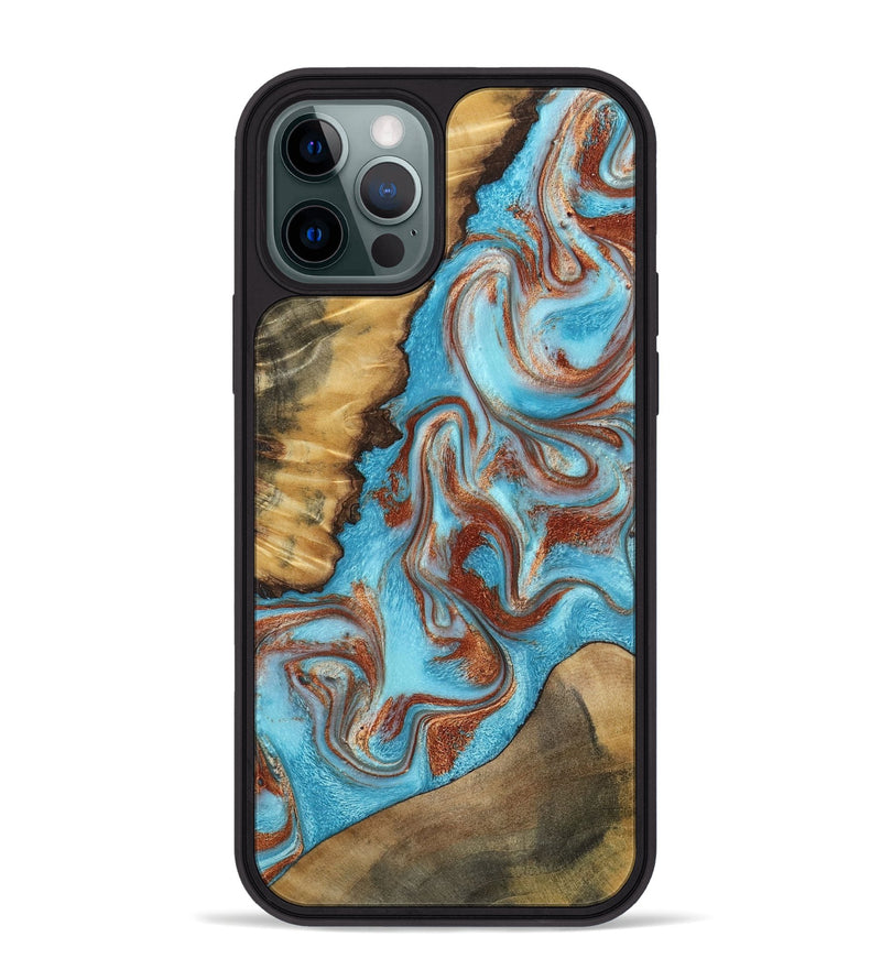 iPhone 12 Pro Max Wood Phone Case - Oran (Teal & Gold, 800078)
