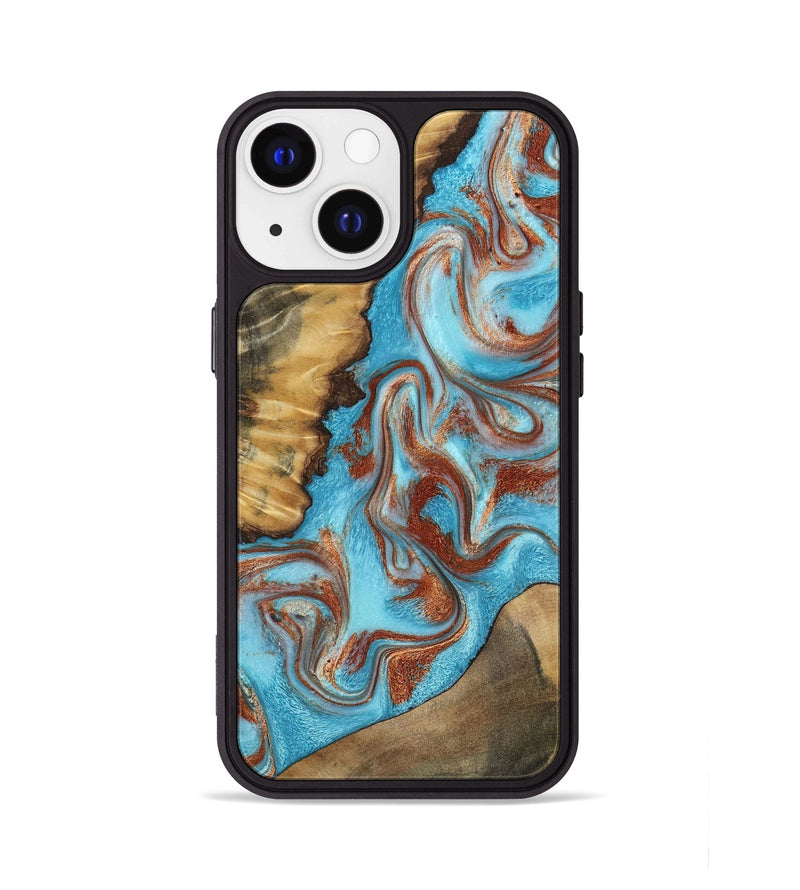 iPhone 13 Wood Phone Case - Oran (Teal & Gold, 800078)