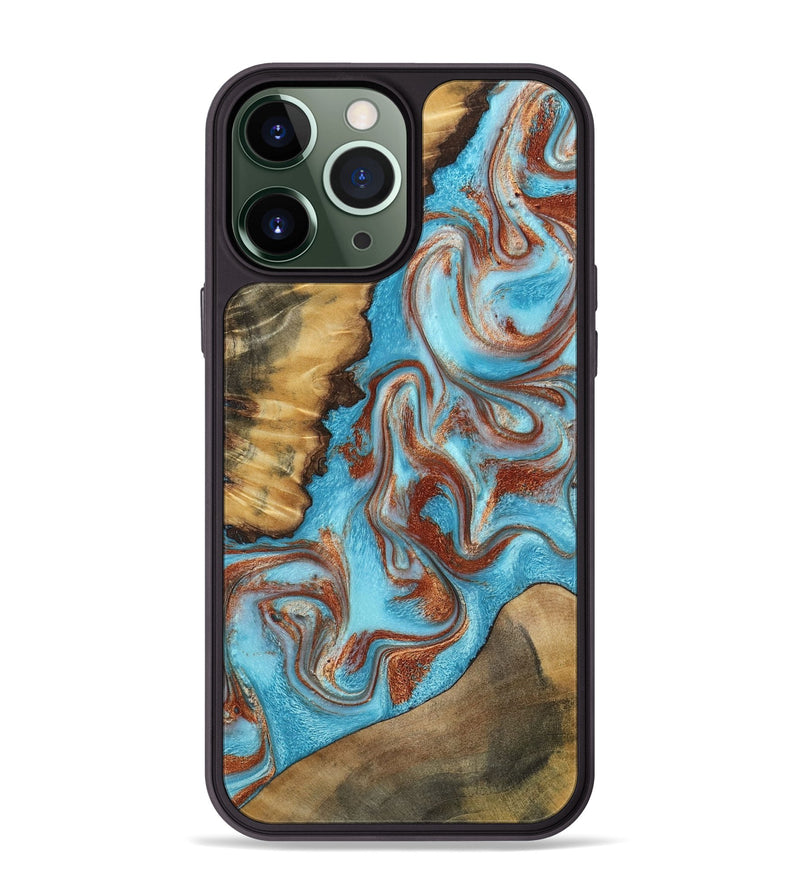 iPhone 13 Pro Max Wood Phone Case - Oran (Teal & Gold, 800078)