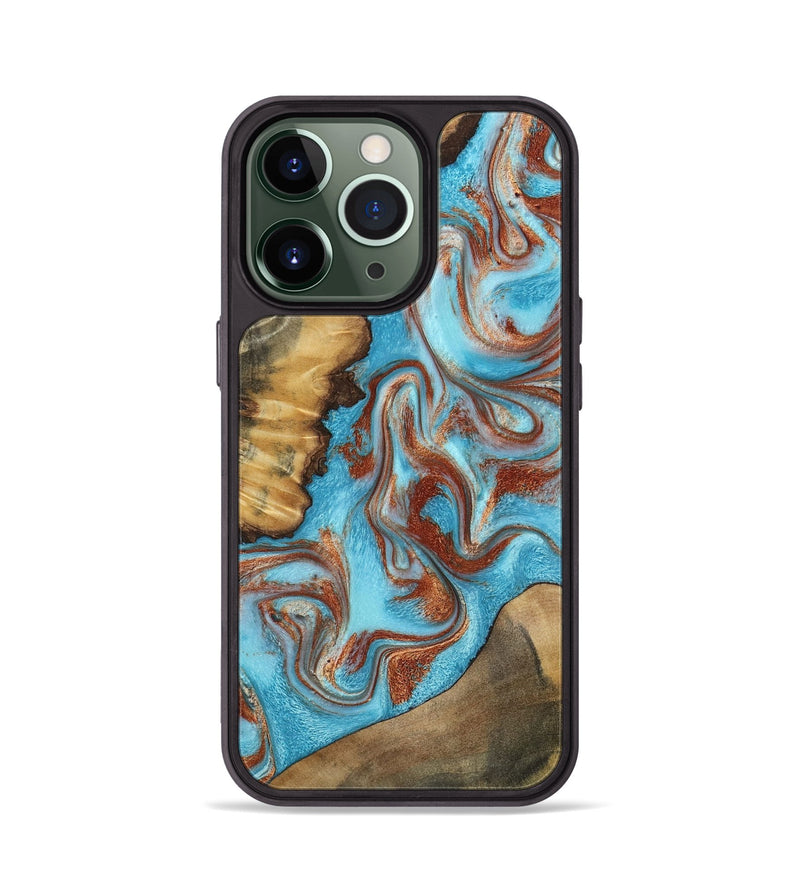 iPhone 13 Pro Wood Phone Case - Oran (Teal & Gold, 800078)
