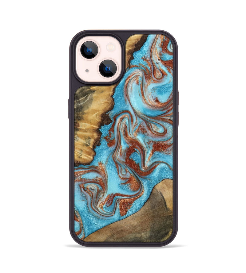 iPhone 14 Wood Phone Case - Oran (Teal & Gold, 800078)