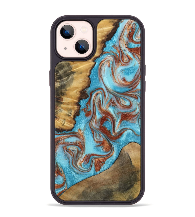 iPhone 14 Plus Wood Phone Case - Oran (Teal & Gold, 800078)