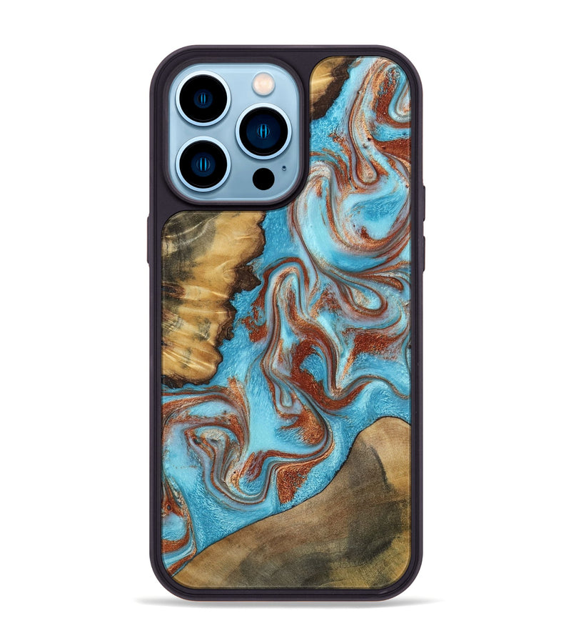 iPhone 14 Pro Max Wood Phone Case - Oran (Teal & Gold, 800078)