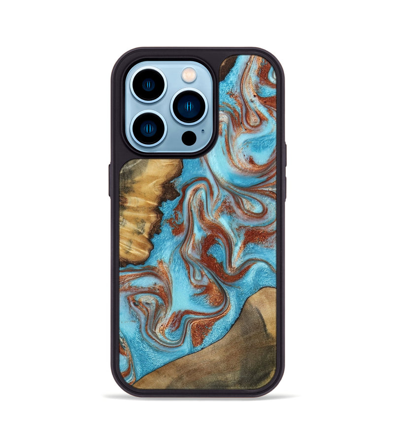 iPhone 14 Pro Wood Phone Case - Oran (Teal & Gold, 800078)