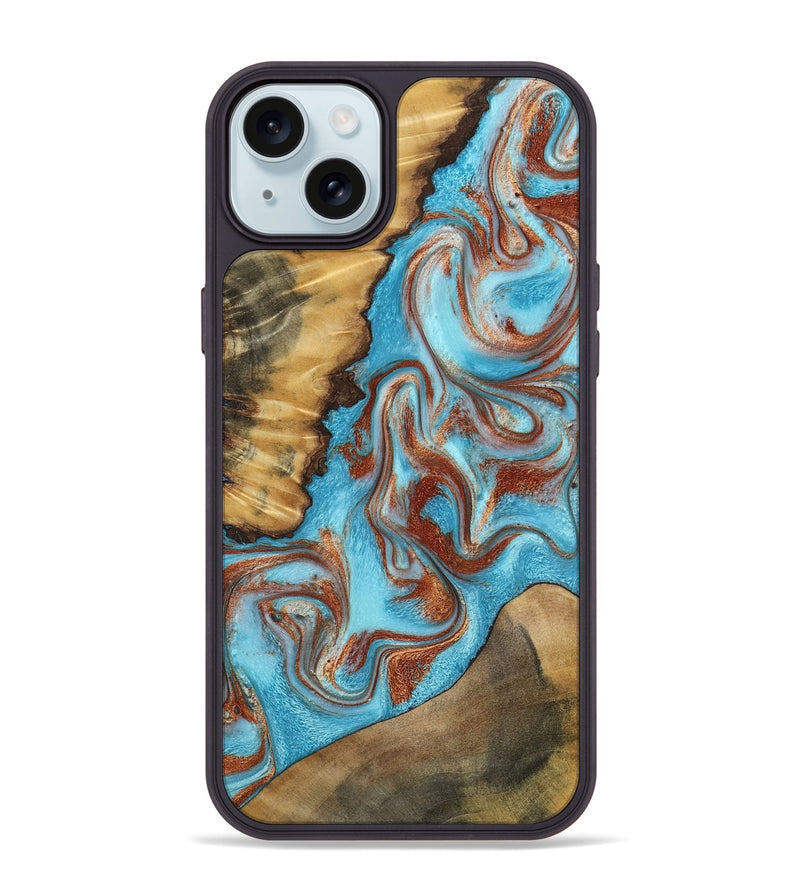 iPhone 15 Plus Wood Phone Case - Oran (Teal & Gold, 800078)