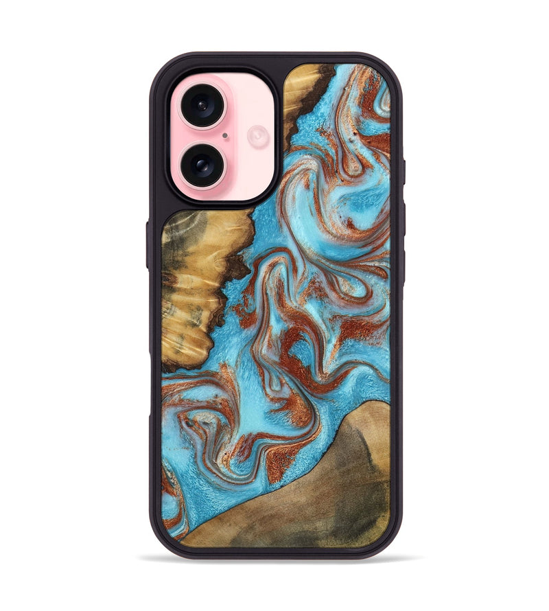 iPhone 16 Wood Phone Case - Oran (Teal & Gold, 800078)
