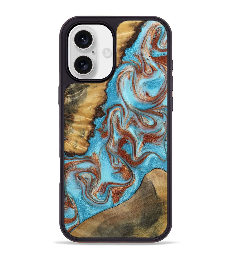 iPhone 16 Plus Wood Phone Case - Oran (Teal & Gold, 800078)
