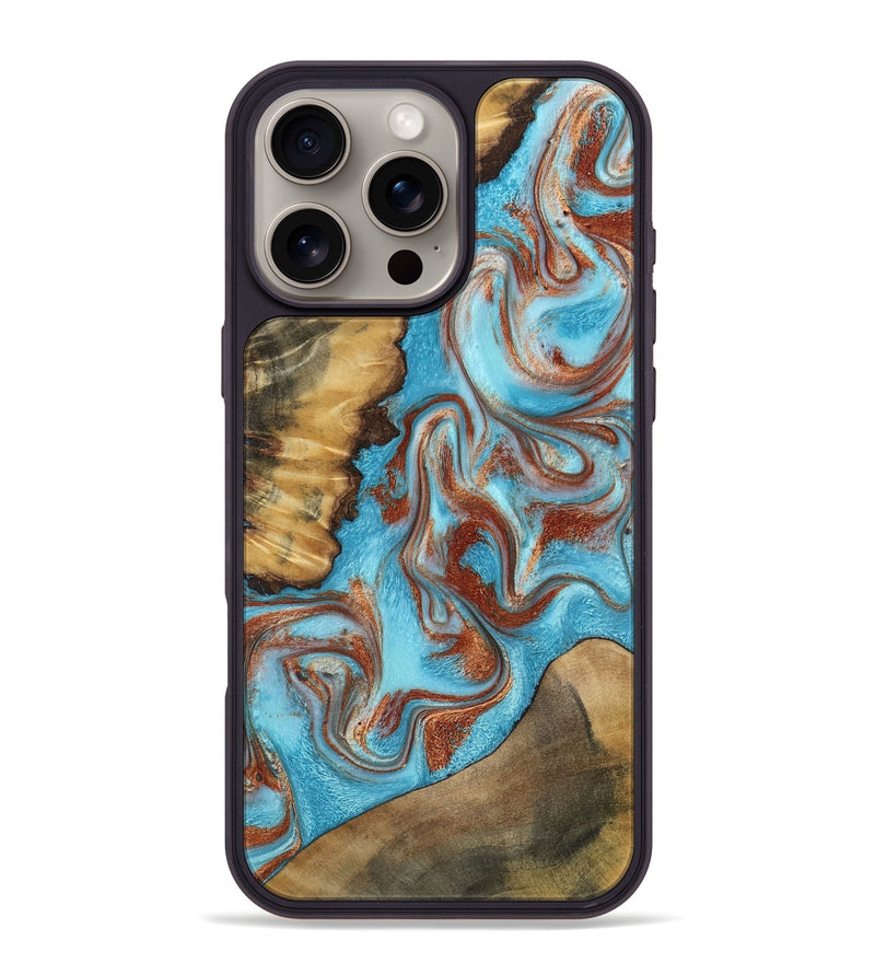 iPhone 16 Pro Max Wood Phone Case - Oran (Teal & Gold, 800078)