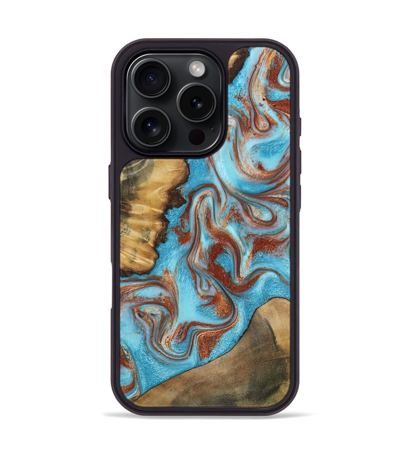 iPhone 16 Pro Wood Phone Case - Oran (Teal & Gold, 800078)