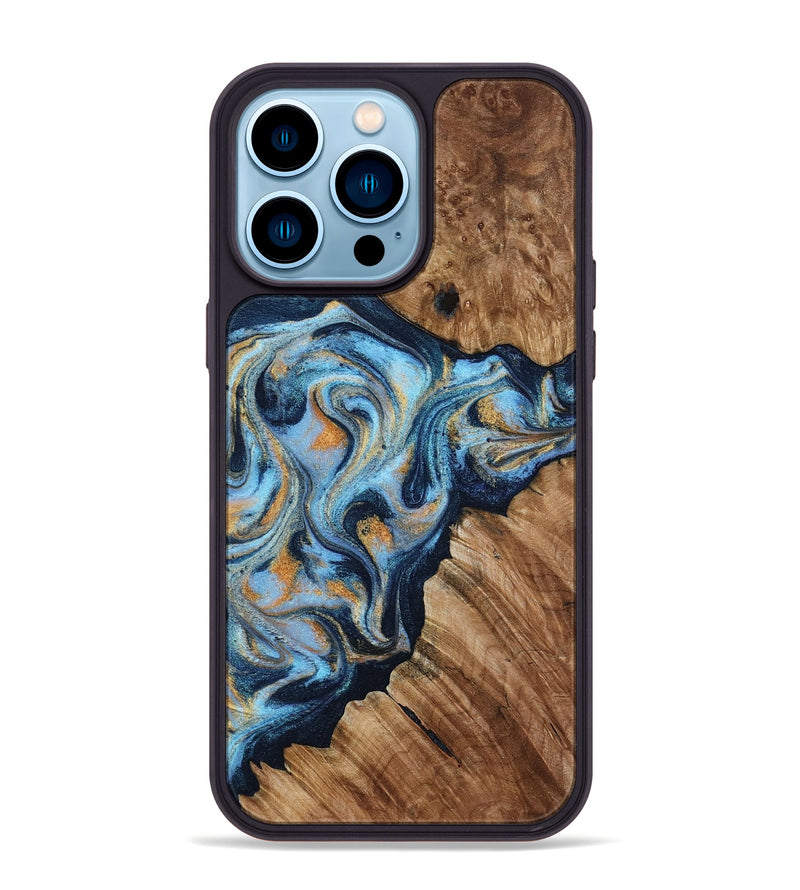 iPhone 14 Pro Max Wood Phone Case - Cortney (Teal & Gold, 800079)