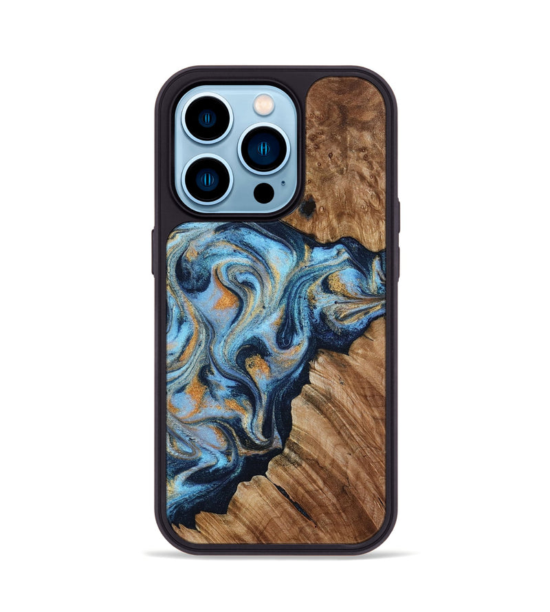 iPhone 14 Pro Wood Phone Case - Cortney (Teal & Gold, 800079)