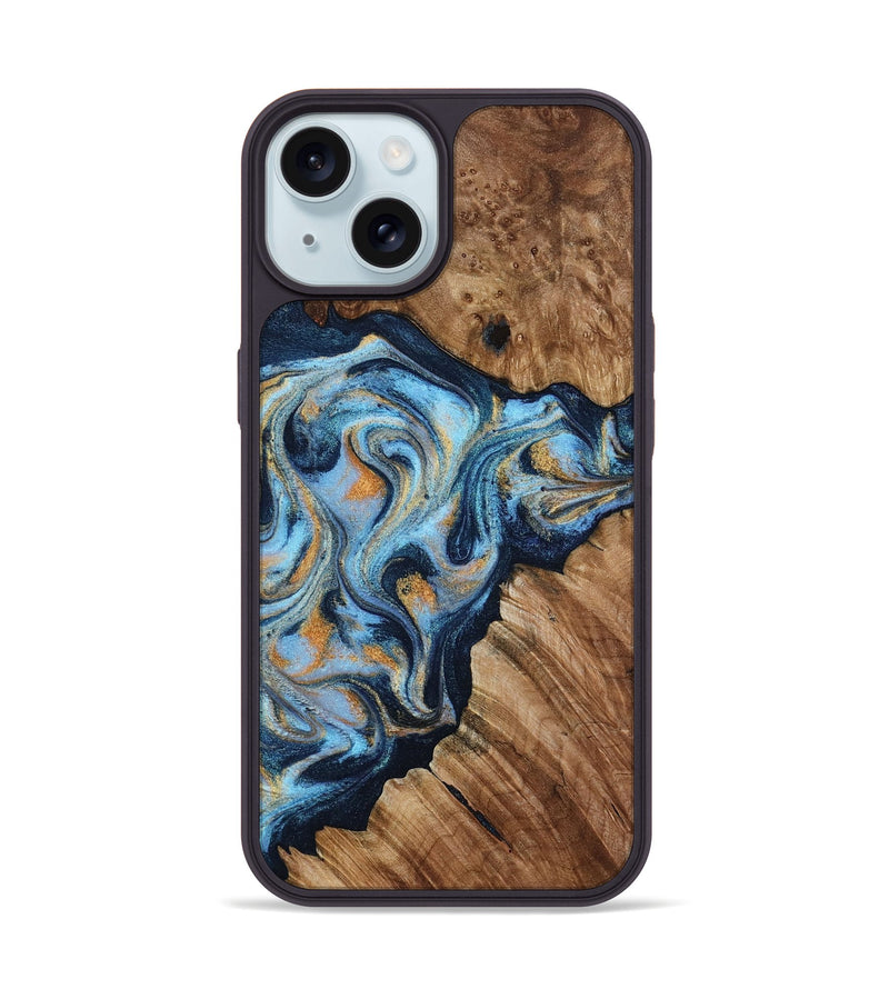 iPhone 15 Wood Phone Case - Cortney (Teal & Gold, 800079)